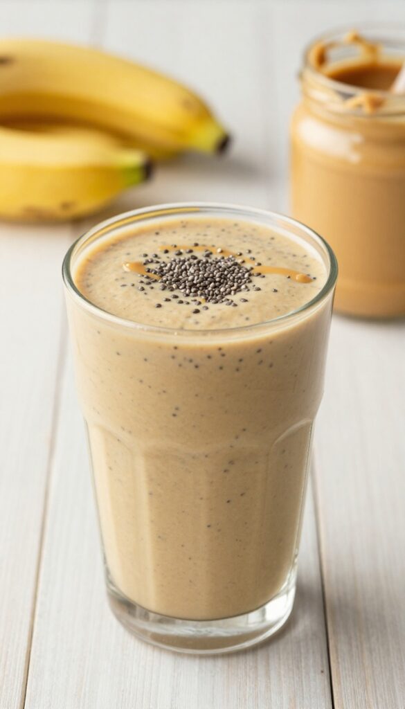 A creamy peanut butter chia shake in a glass with chia seeds and peanut butter drizzle, surrounded by ingredients like banana and peanut butter jar, representing a nourishing post-workout or family snack.