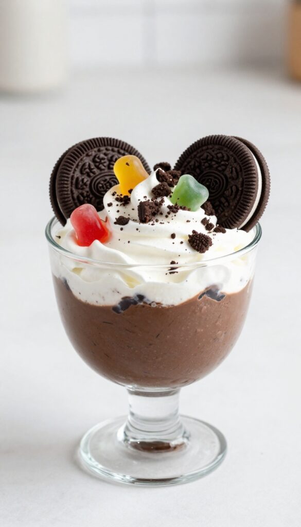 A bowl of Oreo dirt pudding with layers of chocolate pudding, whipped cream, crushed cookies, and gummy worms, presented in a bright, clean kitchen.