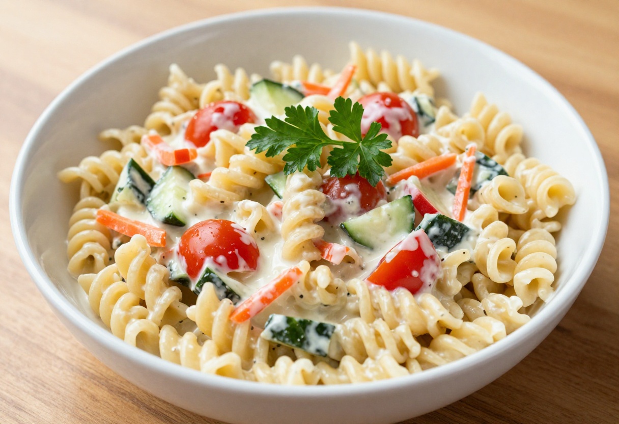 Creamy ranch pasta salad with veggies in a white bowl on a wooden table