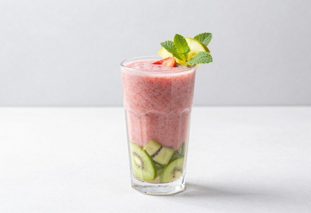 A refreshing smoothie in a glass with fruit garnish, showcasing bright colors and appetizing texture.