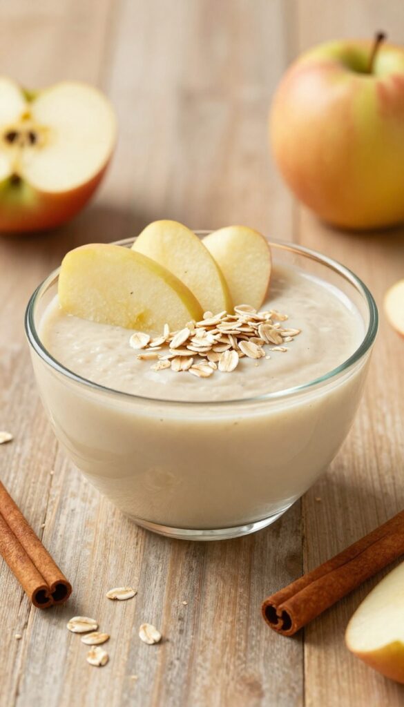 Spiced Apple Pie Smoothie in a glass with apple slices and spices on a wooden table