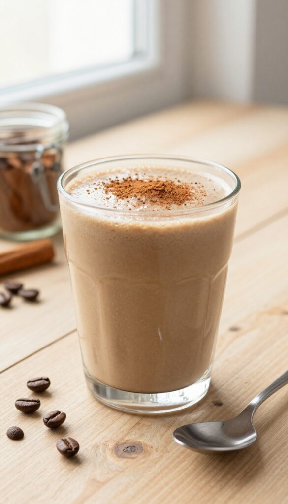 A creamy coffee-infused protein smoothie in a glass on a wooden table, topped with cinnamon and surrounded by coffee beans and spices, captured in bright natural light.