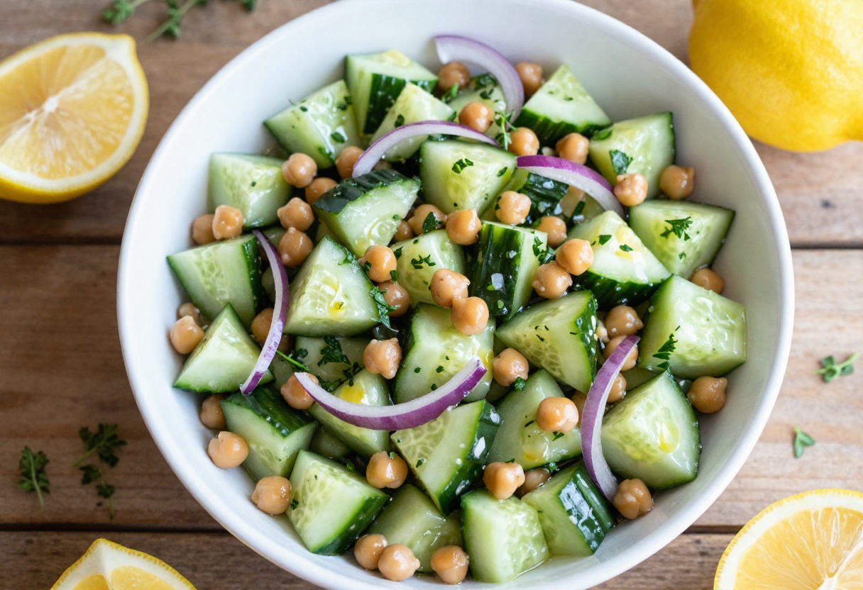 Summer Chickpea Cucumber Salad with Lemon and Herbs in a white bowl