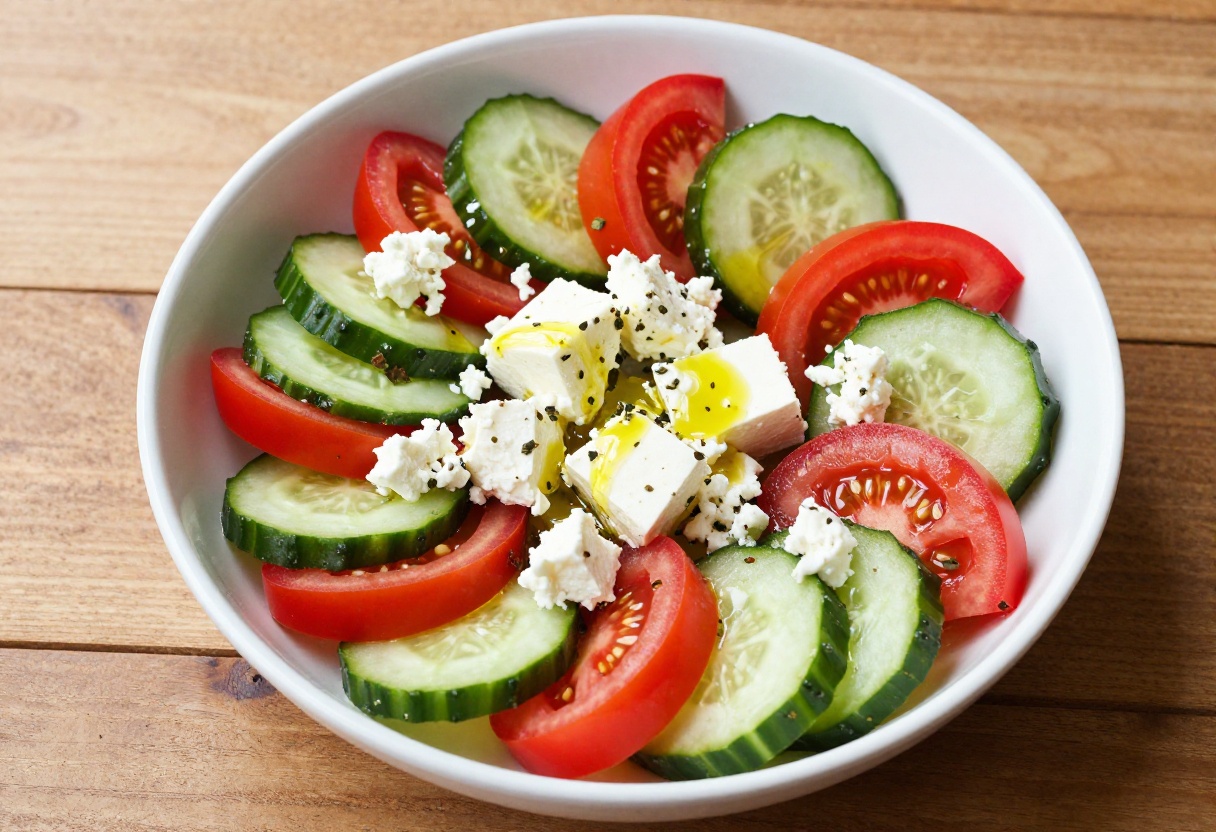 Fresh cucumber tomato feta salad with olive oil dressing in a white bowl