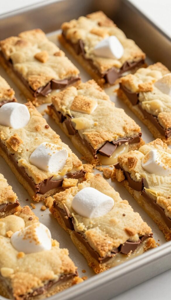 A photorealistic image of s'mores cookie bars with melted chocolate and toasted marshmallows, showcasing a gooey, golden dessert in a pan under natural light.