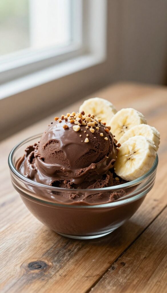 A bowl of homemade chocolate banana ice cream with crushed nuts and banana slices, showcasing a simple, delicious dessert recipe.