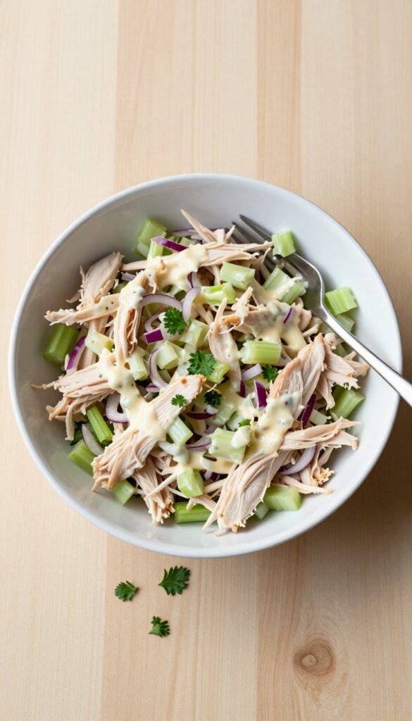 Overhead view of creamy rotisserie chicken salad in a white bowl with celery and red onion, fork beside bowl, on a wooden table with natural light.