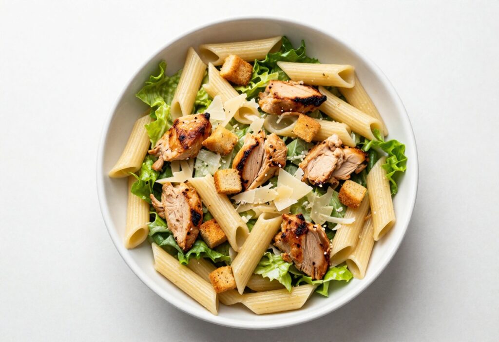 Bowl of Chicken Caesar Pasta Salad with lettuce, chicken, Parmesan, and croutons