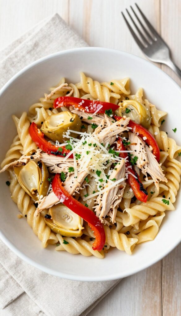 Cold chicken pasta salad with roasted red peppers and artichokes in a white bowl