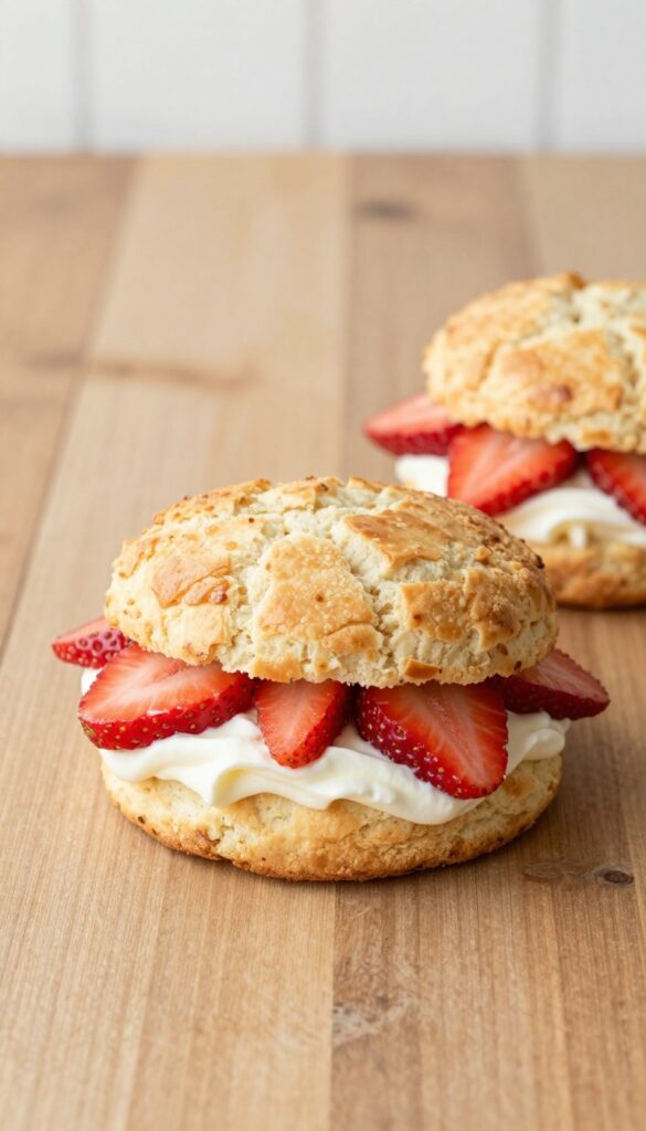 A close-up of buttermilk strawberry shortcake with tender biscuits, fresh strawberries, and whipped cream, highlighting a rich and homemade dessert.