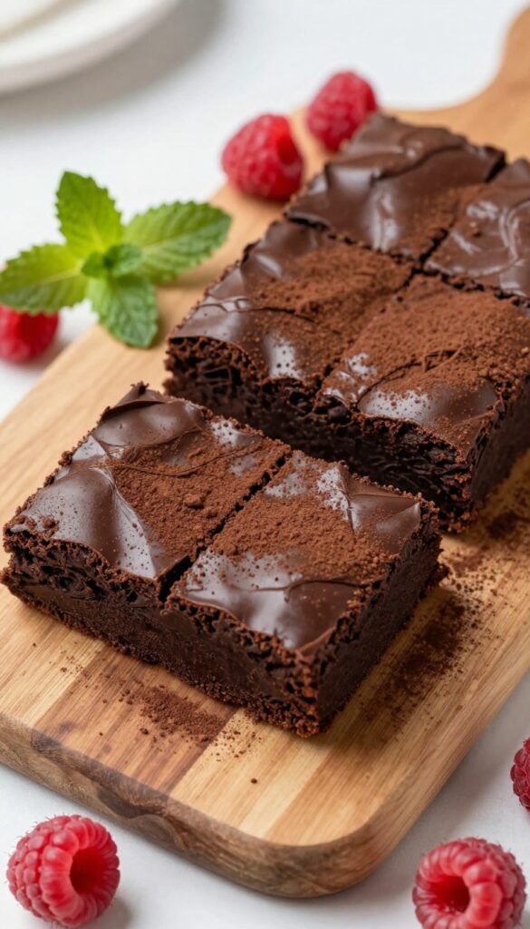 Dark chocolate avocado brownies on a wooden board with berries and mint