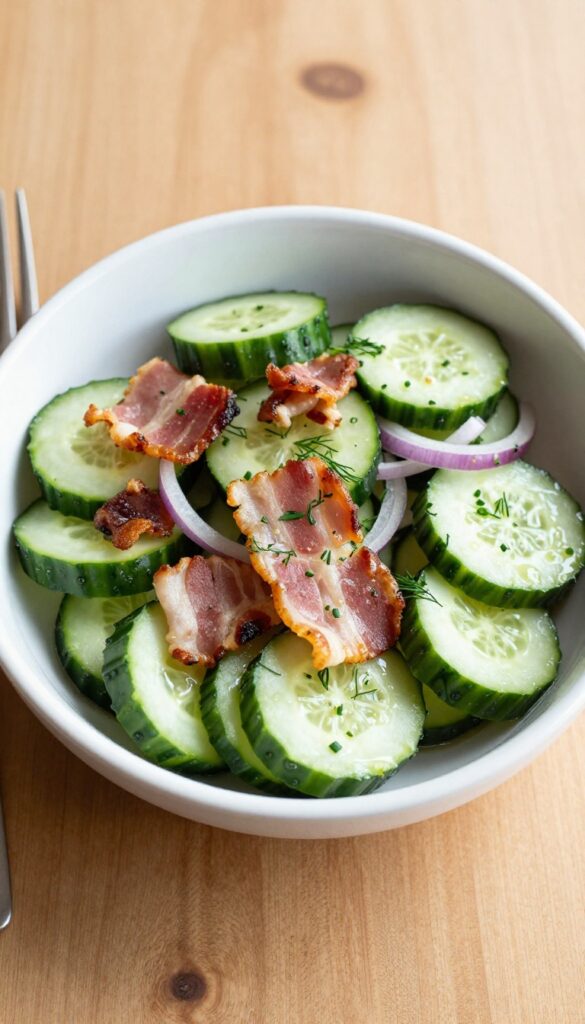 Bowl of smoky bacon and cucumber crunch salad with fresh herbs on a wooden table