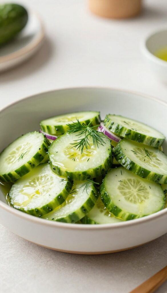 A bowl of crisp cucumber salad with fresh dill and vinegar dressing, bright natural lighting, clean composition, suitable for a blog about easy salad twists.