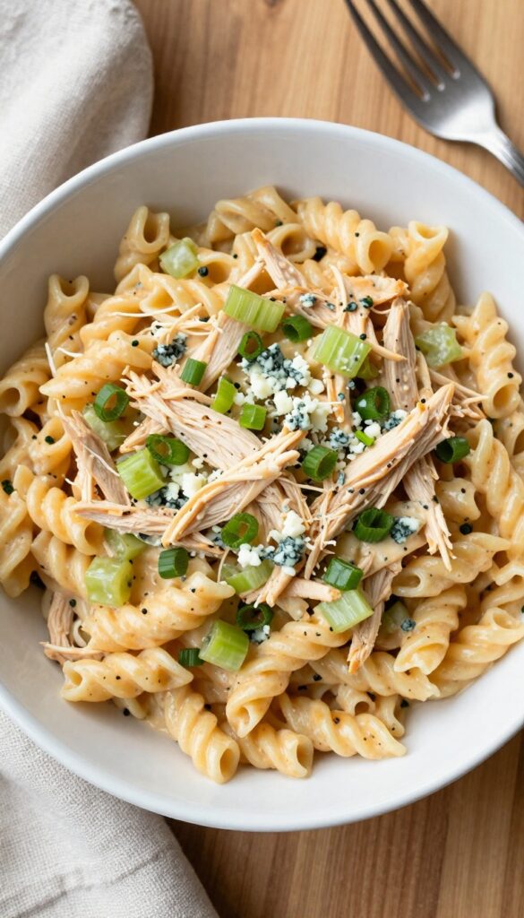 Buffalo chicken ranch pasta salad in a white bowl on a wooden table