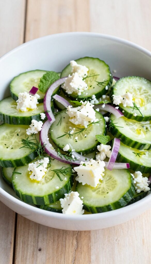 A bowl of lemon-herb cucumber salad with feta, featuring crisp cucumbers, crumbled feta, fresh dill and mint, and red onion in a zesty dressing, presented in bright natural light on a rustic table for a summer meal-prep blog.