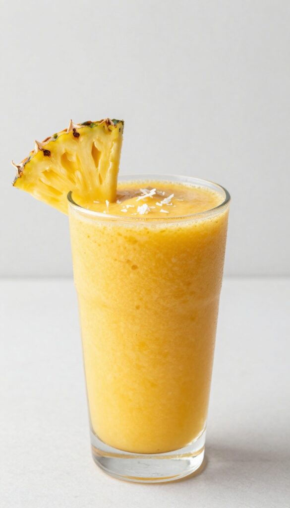 A vibrant tropical sunrise smoothie in a clear glass with pineapple garnish and coconut rim, set in bright natural light.