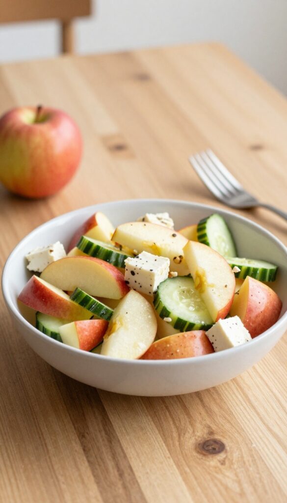 Apple cucumber salad on a wooden table with fork