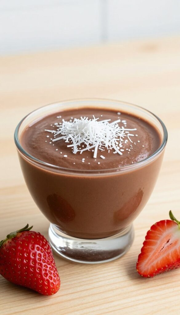 A bowl of dark cocoa avocado mousse topped with shredded coconut and strawberries, presented in natural light for a clean and appetizing look.