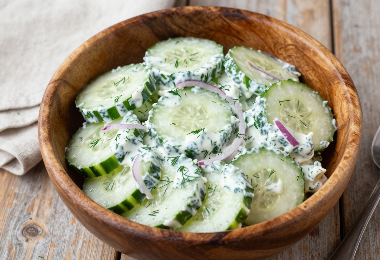 Creamy dill sour cream cucumber salad in a wooden bowl with fresh herbs