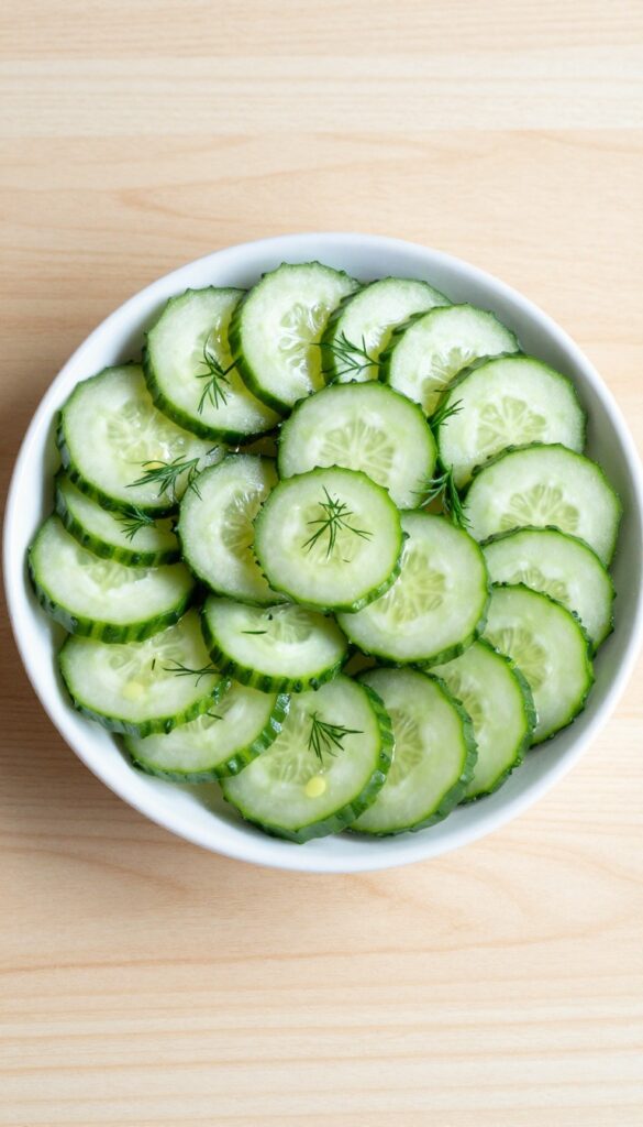 Fresh cucumber salad with dill and vinegar dressing in a white bowl on a wooden table.