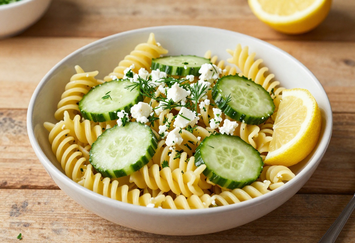 A colorful bowl of cucumber pasta salad with feta cheese and fresh herbs