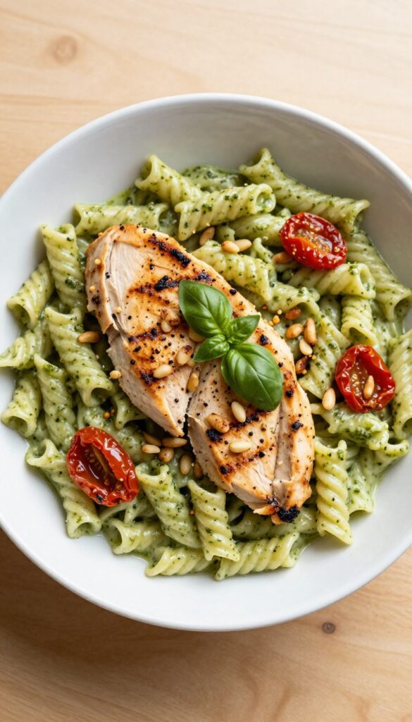 Creamy pesto pasta salad with grilled chicken and sun-dried tomatoes in a white bowl on a wooden table.