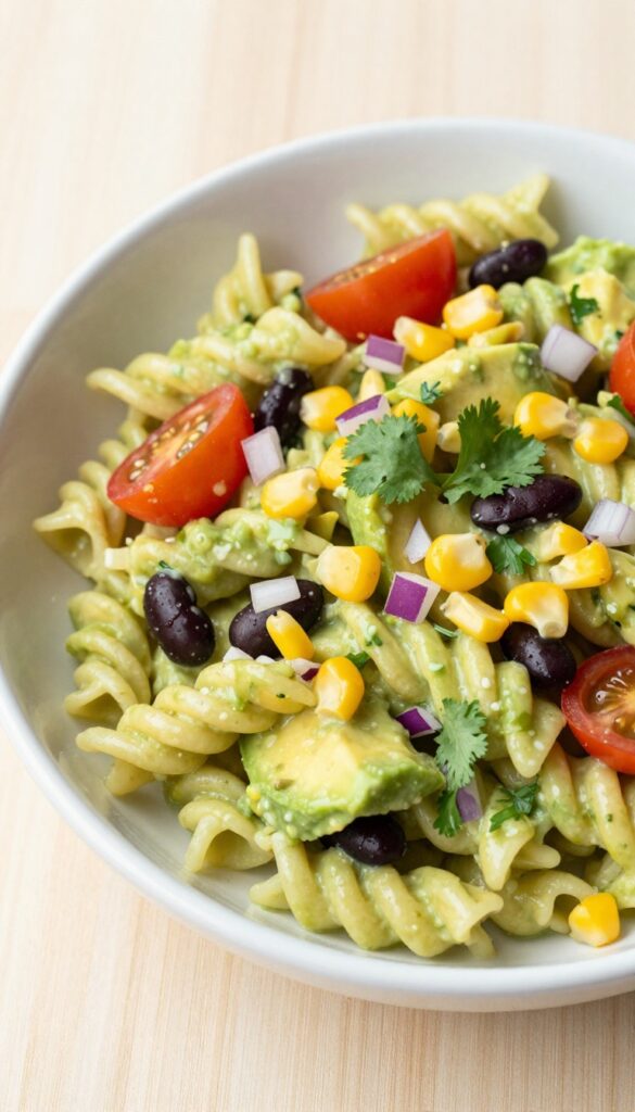 Creamy avocado lime pasta salad with corn, black beans, cherry tomatoes, and cilantro in a white bowl on a wooden table