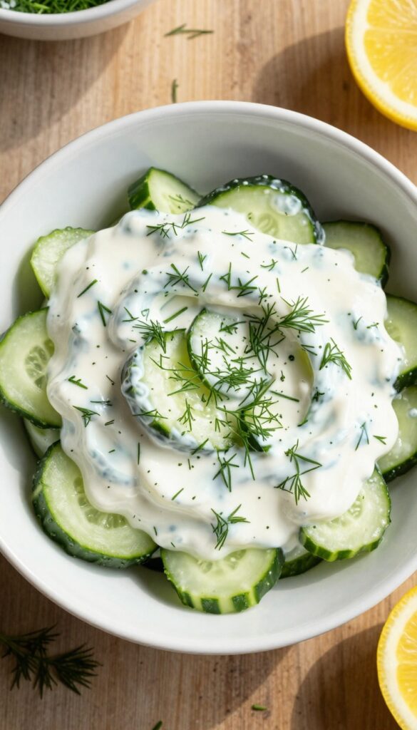 Creamy dill cucumber salad with Greek yogurt in a white bowl on a wooden table