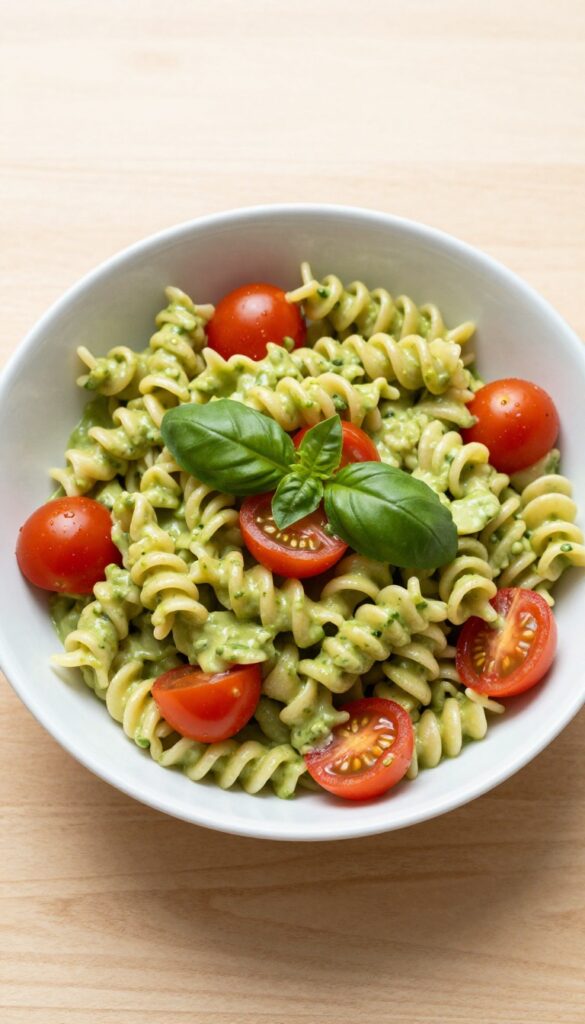 Creamy avocado and cherry tomato pasta salad in a white bowl