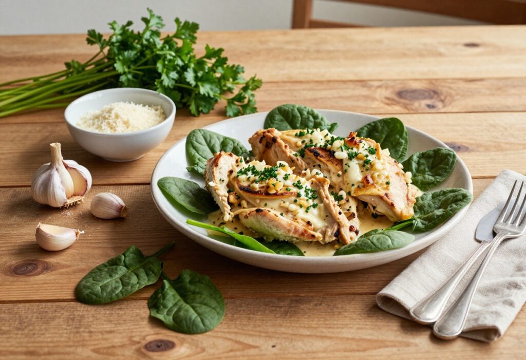 Creamy garlic parmesan chicken in a slow cooker on a wooden table with fresh spinach and Parmesan cheese.