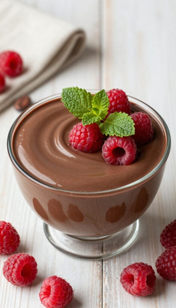Chocolate avocado mousse in a glass bowl topped with raspberries and mint on a wooden table.