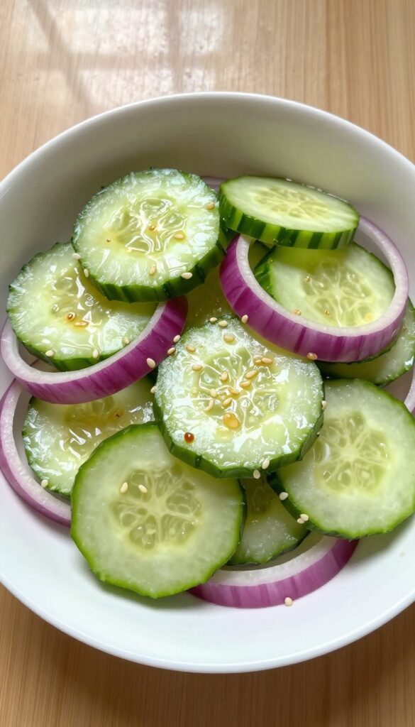 Sweet and sour sesame cucumber salad in a white bowl on a wooden table