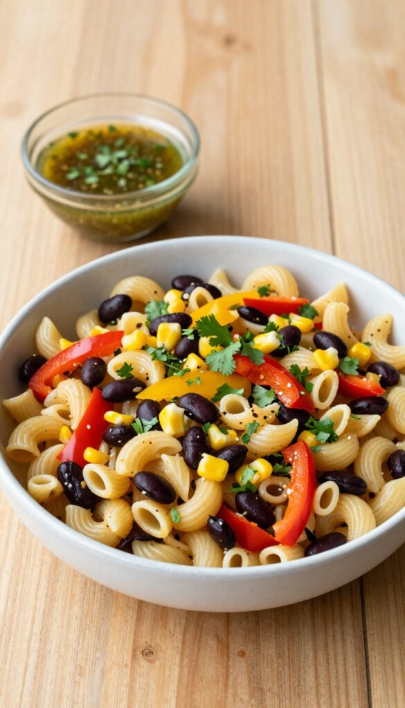 Bowl of spicy Southwest black bean pasta salad with black beans, bell peppers, corn, and cilantro.