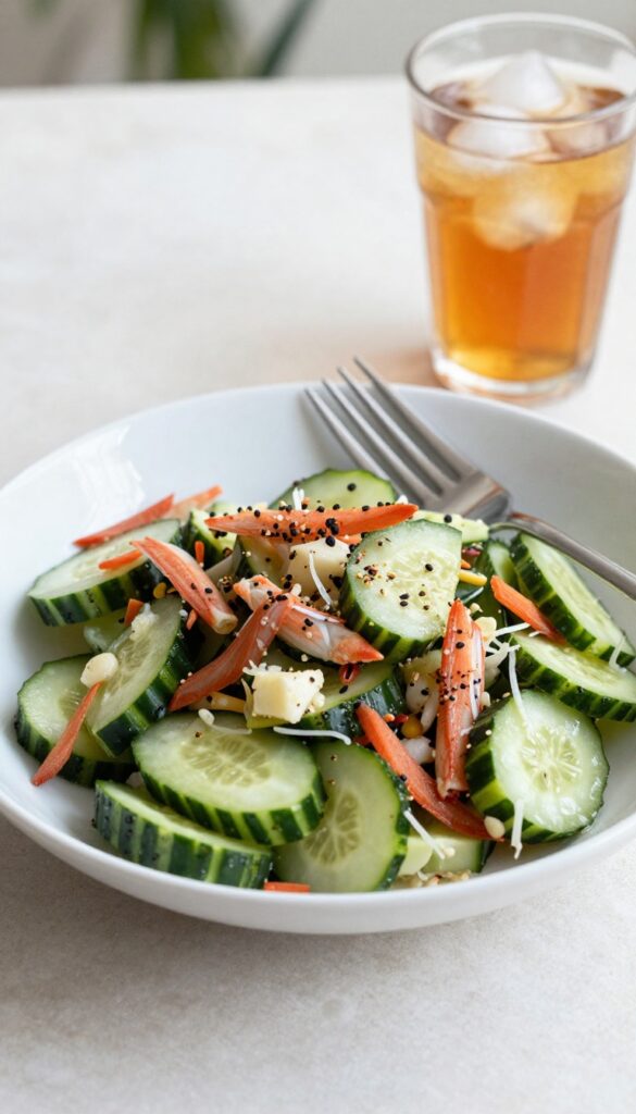 Crab cucumber salad served in a bowl with fork and iced tea in background