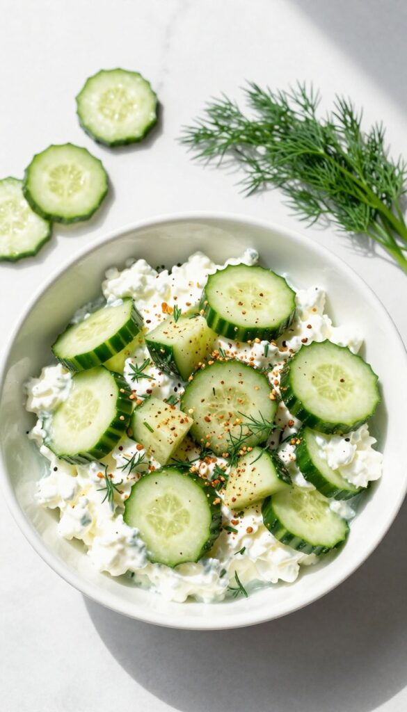 Cottage cheese and cucumber salad topped with everything bagel seasoning and dill in a white bowl on a wooden table.