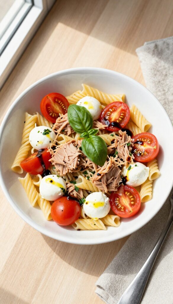 Caprese Tuna Pasta Salad in a white bowl with tomatoes, mozzarella, basil, and balsamic glaze on a wooden table.