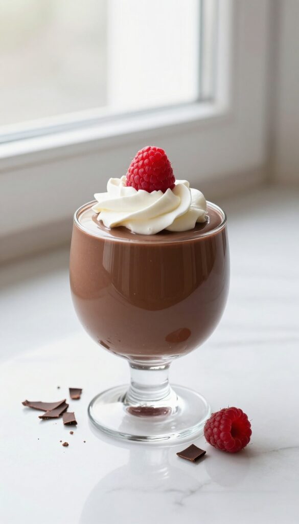 A creamy chocolate mousse dessert with whipped cream and raspberry, served in a glass cup on a marble surface, representing an easy and rich cream cheese dessert recipe.