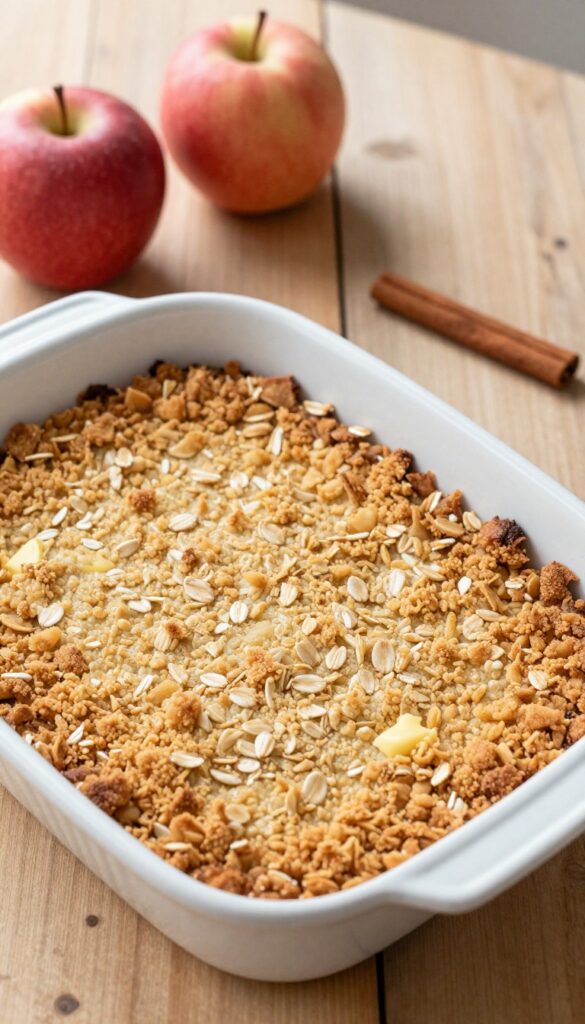 Golden brown apple crisp in a white baking dish on a wooden table