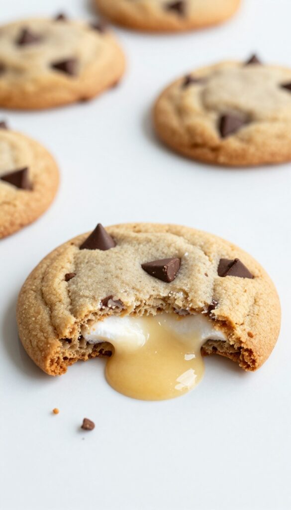 A close-up of a marshmallow-stuffed chocolate chip cookie with a gooey center, showcasing the dessert's texture and appeal for a blog recipe section.