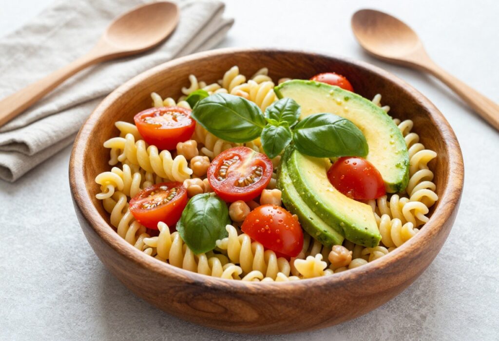 Hearty vegetarian pasta salad in a wooden bowl with cherry tomatoes, avocado, and basil