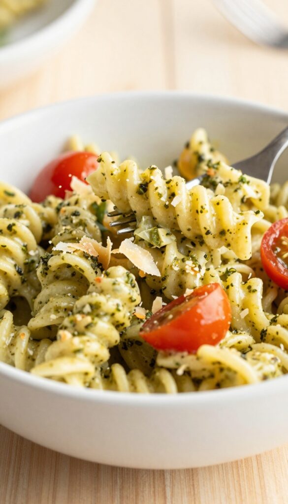 Close-up of creamy pesto pasta salad with Parmesan on a fork
