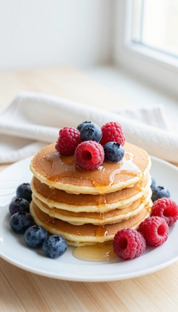 Stack of coconut flour pancakes topped with berries and syrup on a white plate