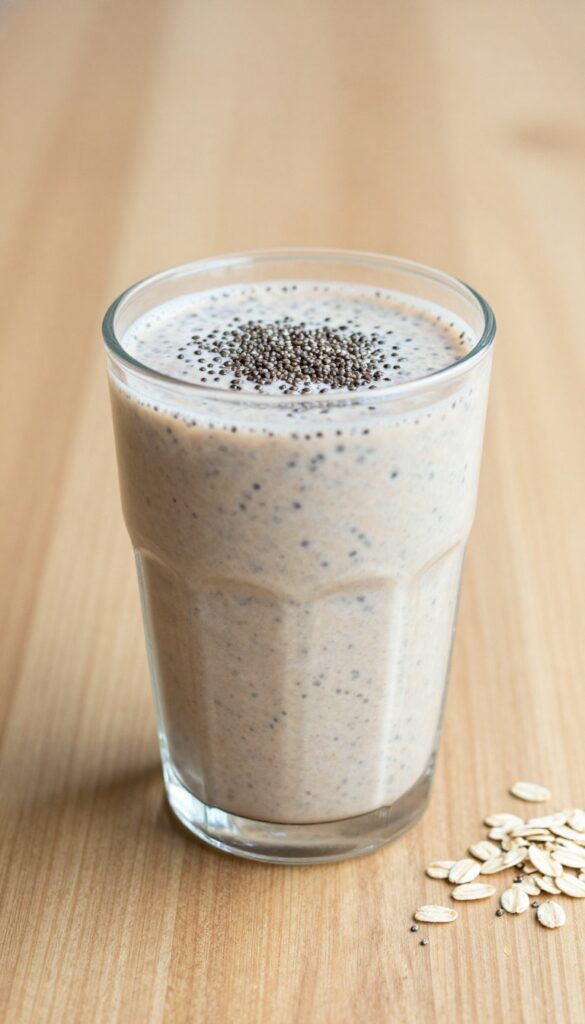 A creamy oatmeal chia breakfast smoothie in a glass with visible oats and chia seeds, topped with whole chia seeds, on a wooden table in natural light.