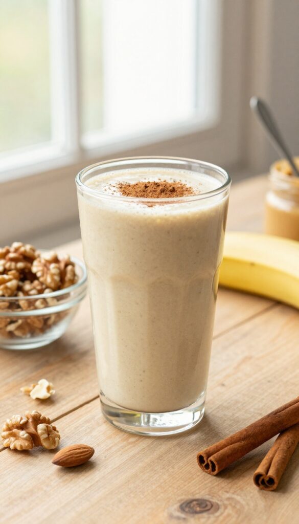 A creamy mixed nut and cinnamon spice smoothie in a glass with walnuts, almond butter, banana, and cinnamon on a rustic table in natural light.