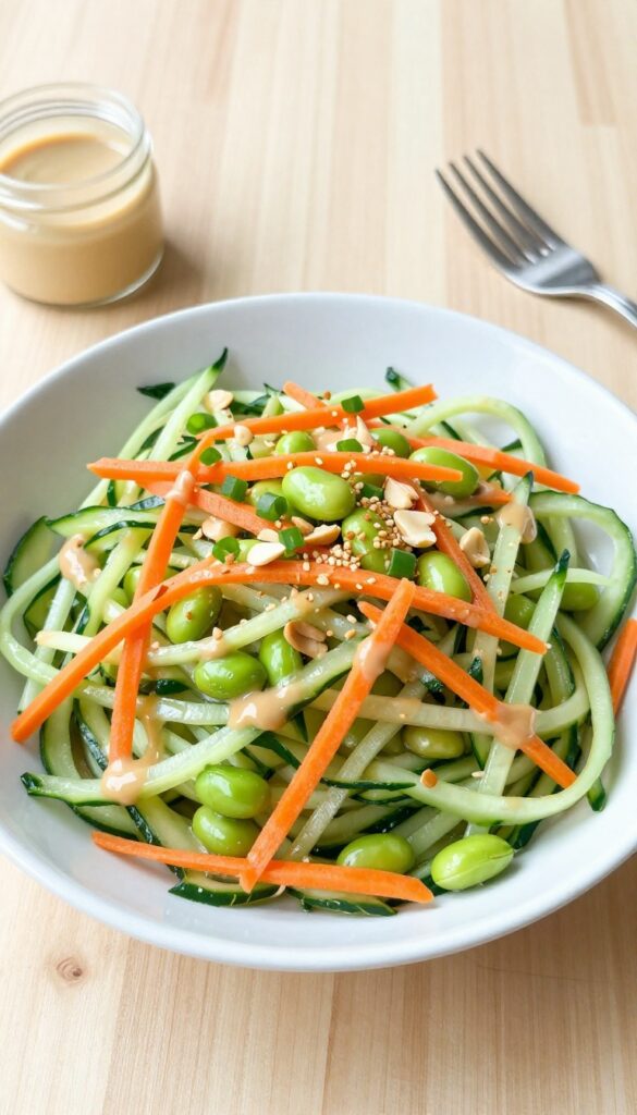 Cucumber noodle salad with peanut dressing in a white bowl, top-down view.