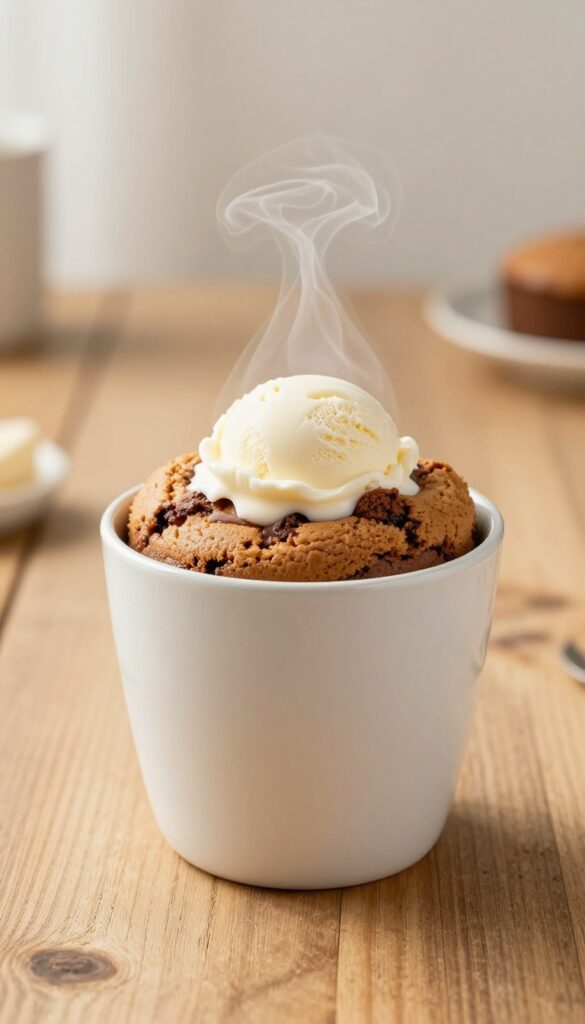 A close-up of a Nutella mug cake in a mug, topped with vanilla ice cream, representing a quick microwave dessert recipe.