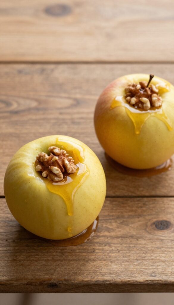Baked apples stuffed with walnuts and cinnamon on a wooden table