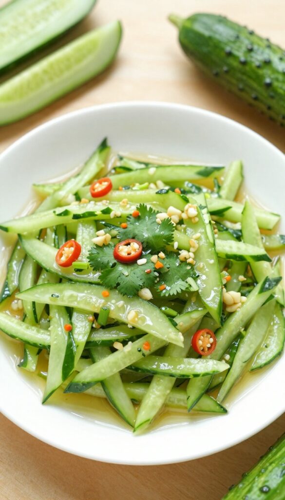 Bowl of spicy Thai cucumber salad with chilies and herbs on wooden table