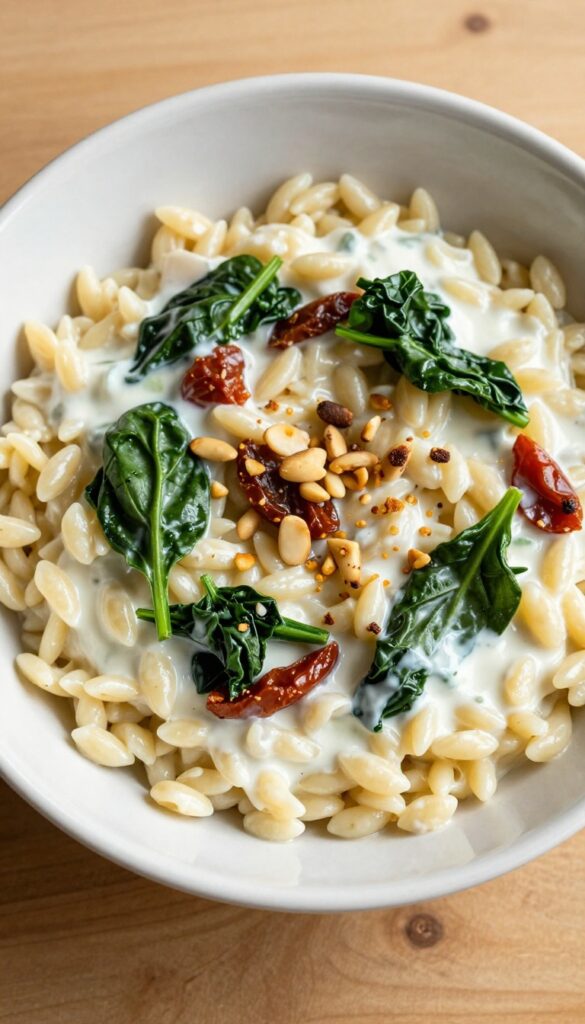 Creamy sun-dried tomato and spinach orzo salad in a bowl