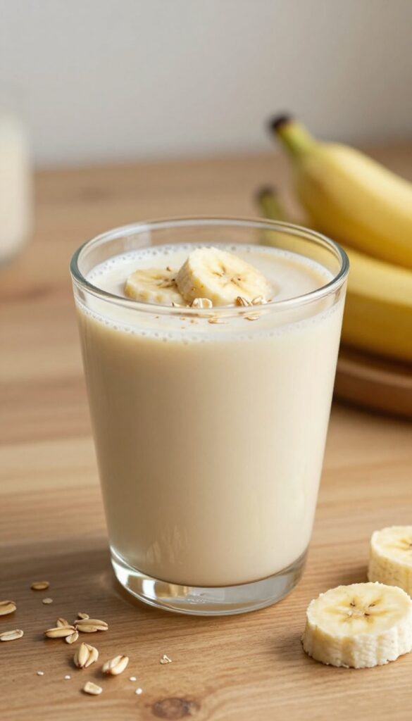 A creamy dairy-free smoothie made with bananas and oats, served in a glass with natural lighting, perfect for a family-friendly blog post about smoothie recipes.